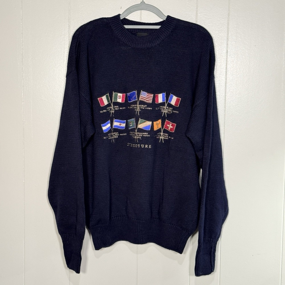 Vintage Structure Sweater Men L Navy Embroidered World Mountain Peaks Flags 90s
